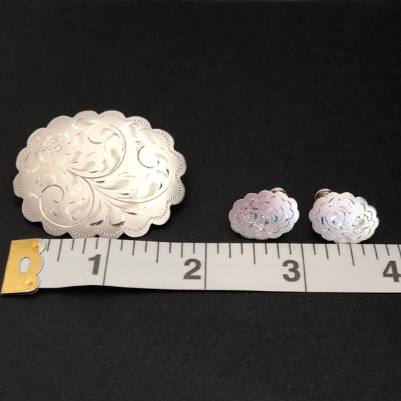 Vintage Forstner Sterling Silver Etched Brooch & Earrings, Scalloped Edges, Oval - Picture 10 of 14